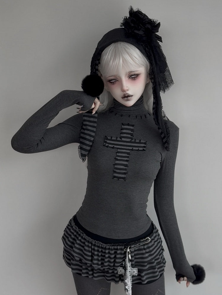 Long Sleeve Cuff Gothic Top Detachable Neck High - Pompon Decor
