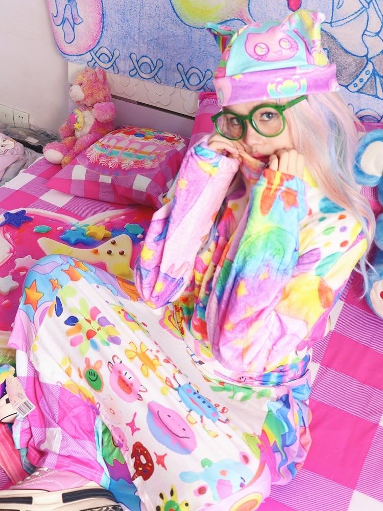 Top Colorful Print Polka-Dot Y2K Star Pattern Flannel Long Sleeves