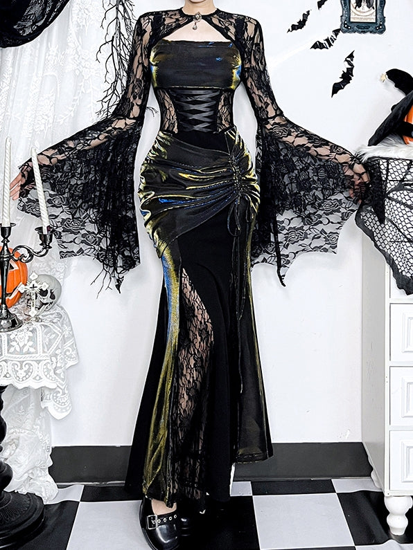 Embroidery Sleeve Floral Halloween Gothic Gem Shrug Batwing Lace with Bell Centerpiece Black