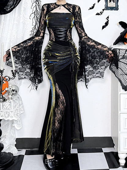 Embroidery Sleeve Floral Halloween Gothic Gem Shrug Batwing Lace with Bell Centerpiece Black