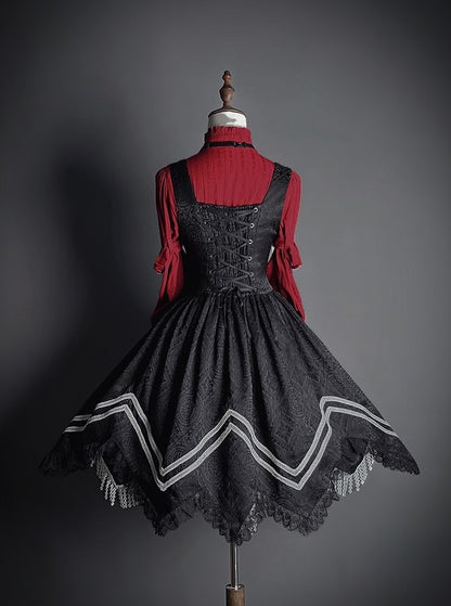 Ruffled Tie Bow Lace and Red with Neckline Lolita Blouse Long-sleeved Details