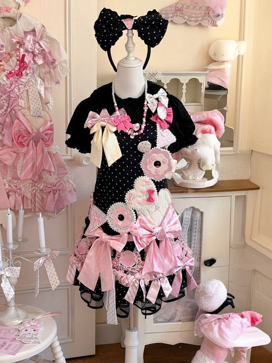Polka Dot JSK in Black and Pink with Adjustable Straps and Bows - sedef