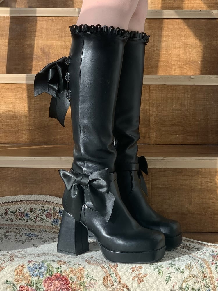 with Elegant Design Lolita Scalloped Black Embellishment Platform Knee-high Boots Bow