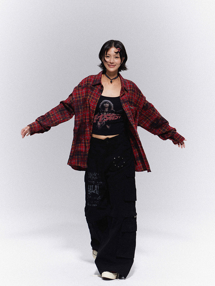 Cargo Vintage + Wide-Leg with Text Print Star Black Pants