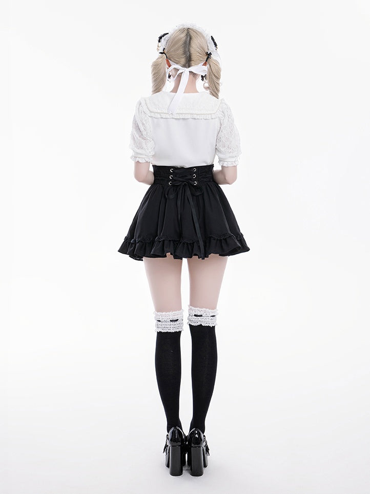 Bowknot Jirai Kei Matrosenkragen Weiße Verzierungen Kurzarmbluse Strass und Herzausschnitt