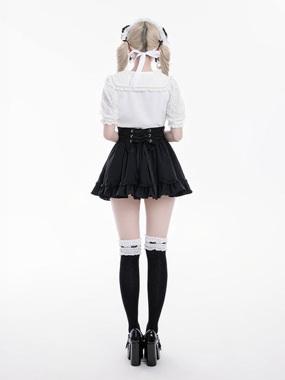 Bowknot Jirai Kei Matrosenkragen Weiße Verzierungen Kurzarmbluse Strass und Herzausschnitt