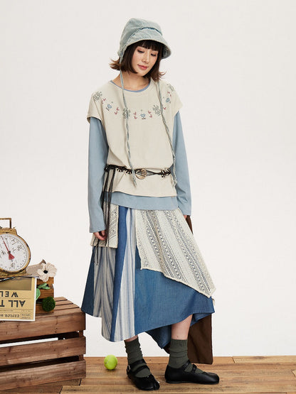 Vintage Design Waist Asymmetrical Lace Patch Skirt Elastic