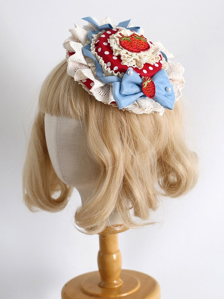 Details Mini Blue with Hat Red Strawberry Polka-dot Applique Bowknot Pattern