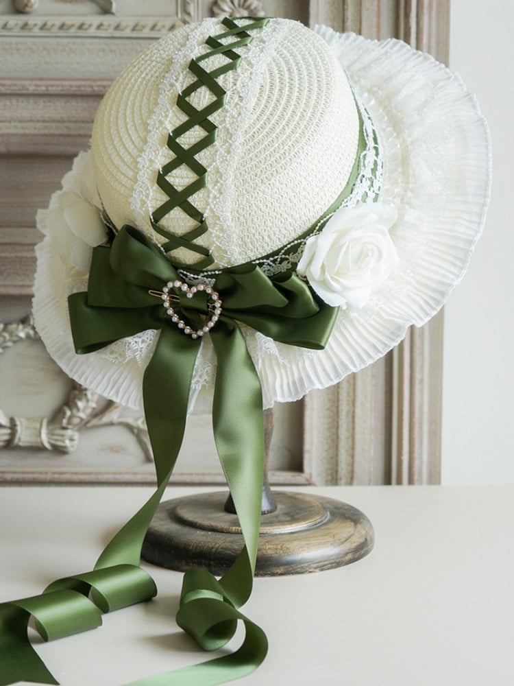 with – 5 Lace-Trimmed Bows Flowers Lolita Straw Options Hat Color and