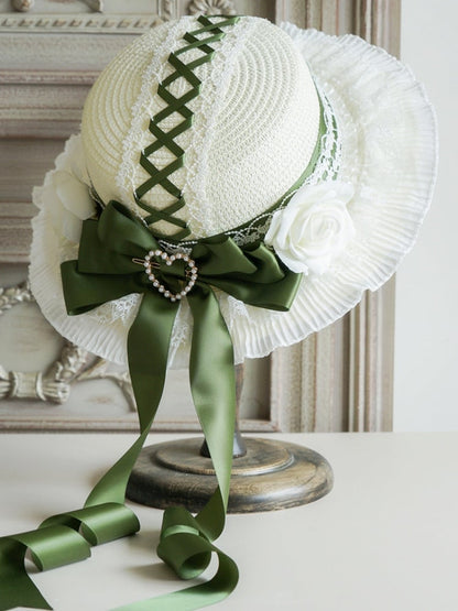 with – 5 Lace-Trimmed Bows Flowers Lolita Straw Options Hat Color and