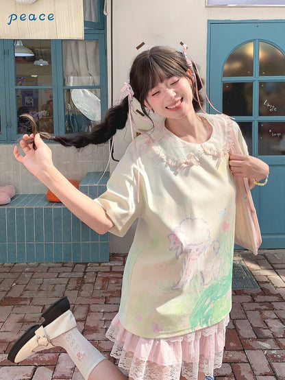 T-Shirt Hellgrün Rundhals Graffiti Lamm Print Lose