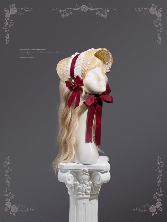 ワインレッドのビッグリボンコテージコアカントリーロリータボンネット