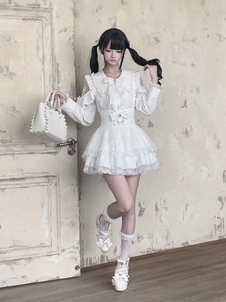 Crisp White Ryousangata Elevated Waist Skirt Adorned with Crystal Bow & Lace Edging - Ekomi
