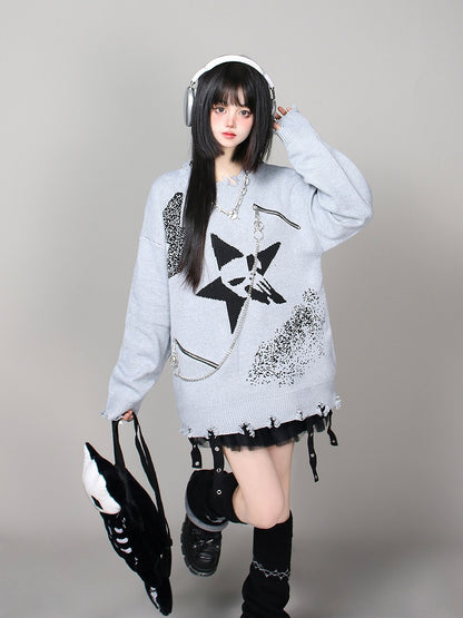 and Black/Gray Distressed Knit Sweater with Zipper Chain Detail