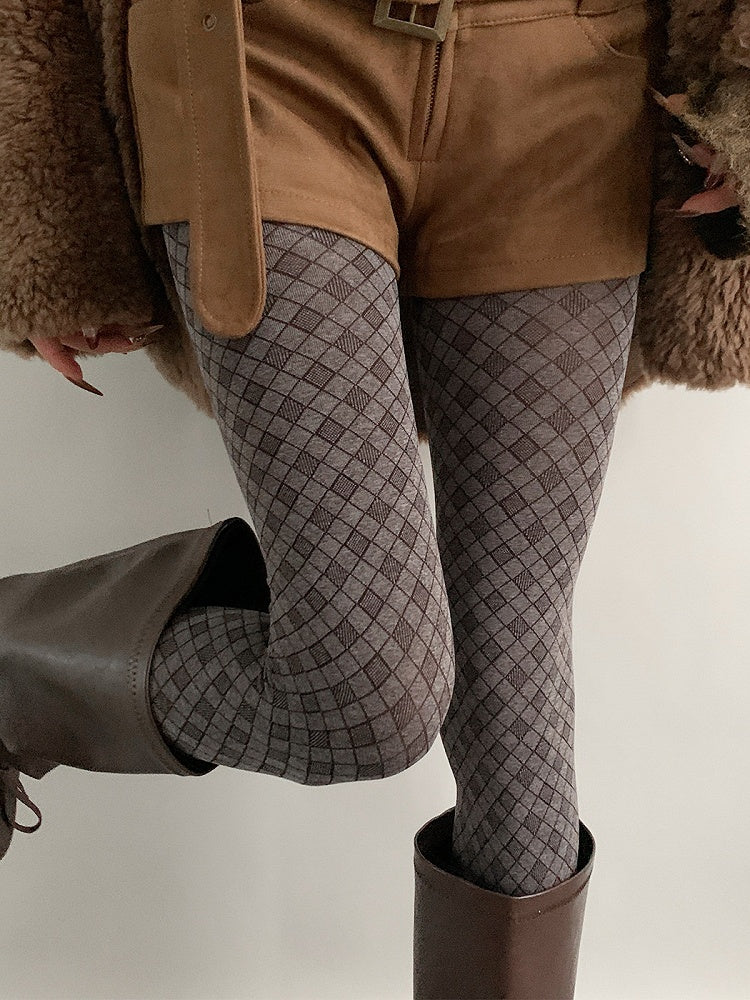 (2 Colors) Warm Knit Diamond Tights Check