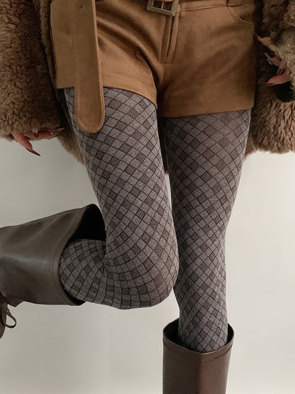 (2 Colors) Warm Knit Diamond Tights Check