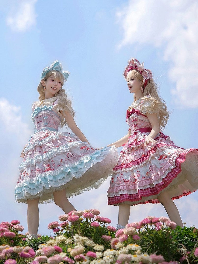 Blue Cherry Cake Print Sweet Lolita Dress with Bow Details - Strawberry Fantasy