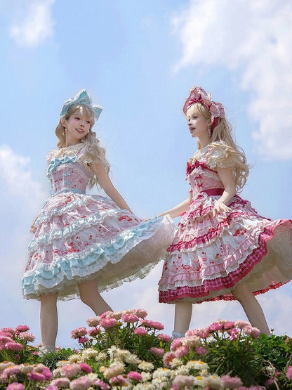 Blue Cherry Cake Print Sweet Lolita Dress with Bow Details - Strawberry Fantasy