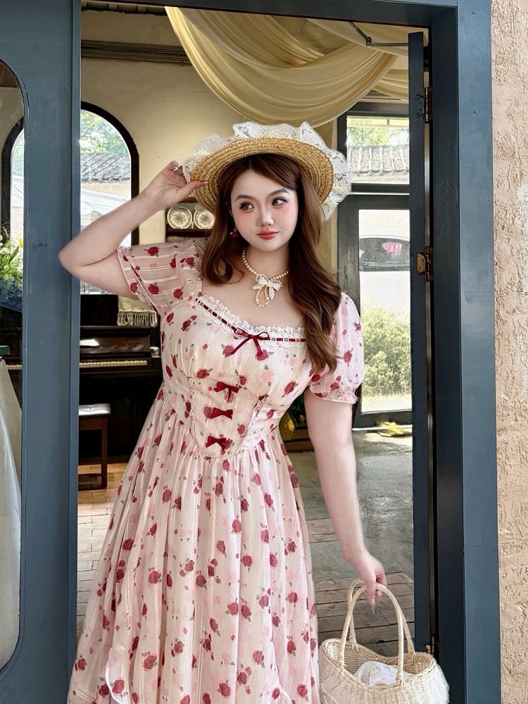 Plus Size Sweet Rose Print Maxi Dress with Lace & Bow - Hard Candy