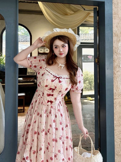 Plus Size Sweet Rose Print Maxi Dress with Lace & Bow - Hard Candy
