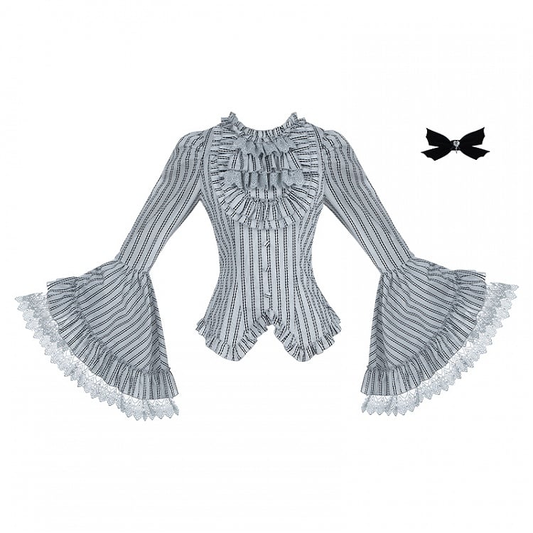 Bell Black Lace Gray Trim Striped Lolita Sleeves Gothic Shirt with Bowtie