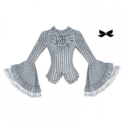 Bell Black Lace Gray Trim Striped Lolita Sleeves Gothic Shirt with Bowtie