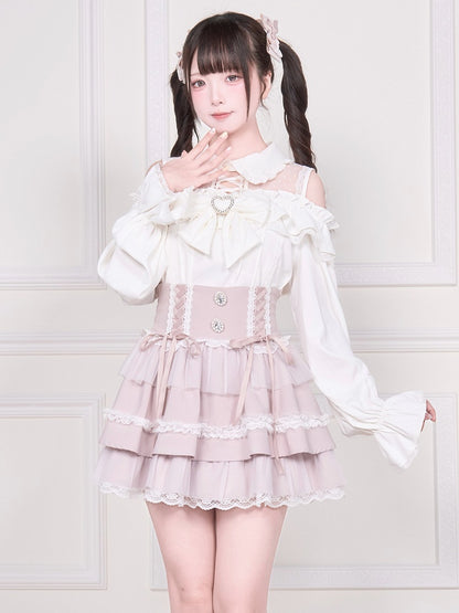 Kei Bluse Ärmel Kalte Schulter Ausschnitt Weiß Lang mit Jirai Illusion Top