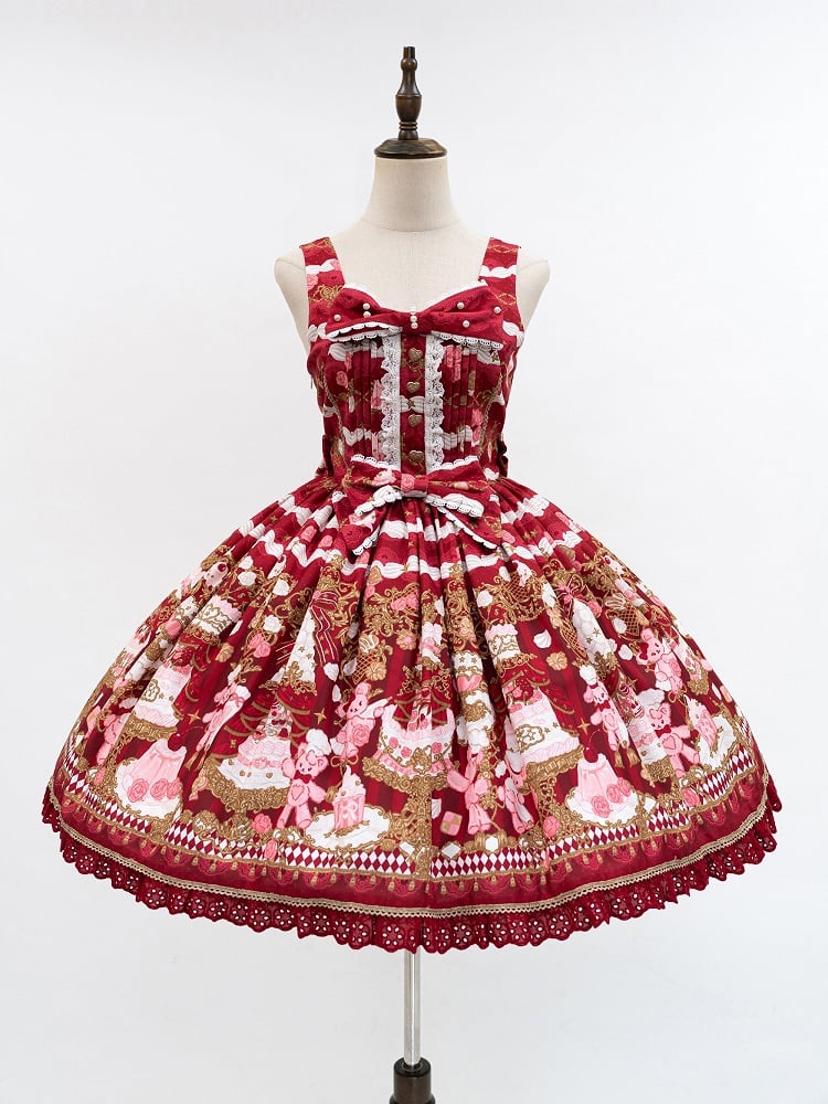 JSK Details Lolita Sweet Bow Trim with and Lace Bear Print Red Cake Dress