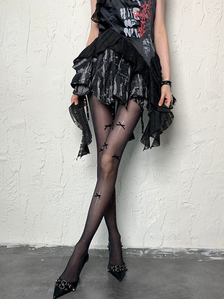 Pattern BlackRed Details Polka-dot Tights Bowknot Y2K