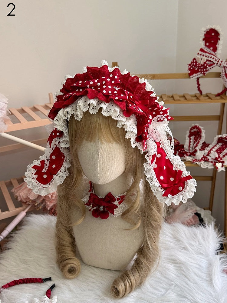 Lace Bunny Hairband Bow Trim Polka-dot Red Ear