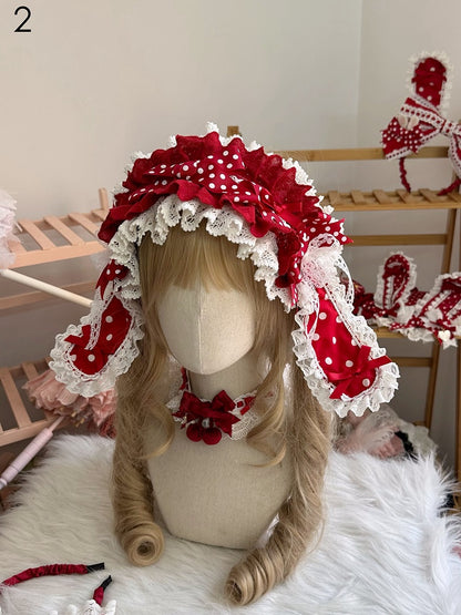 Lace Bunny Hairband Bow Trim Polka-dot Red Ear