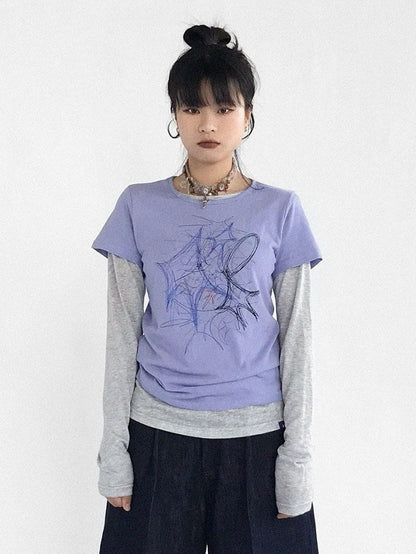 T-Shirt Short Y2K Print Round Version Sleeve Purple with - Graffiti Neck