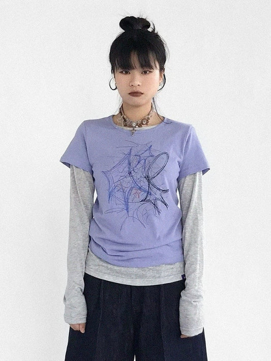 T-Shirt Short Y2K Print Round Version Sleeve Purple with - Graffiti Neck