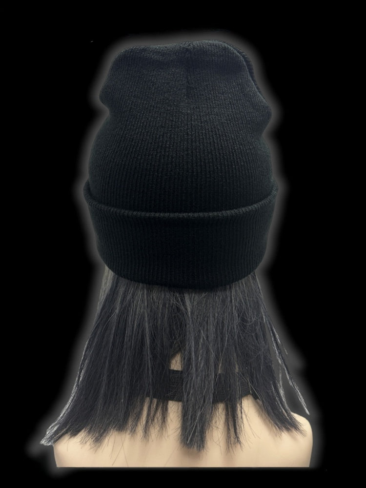 Y2K Schwarze Teufelshorn Metallic Buchstaben Details Punk Beanie