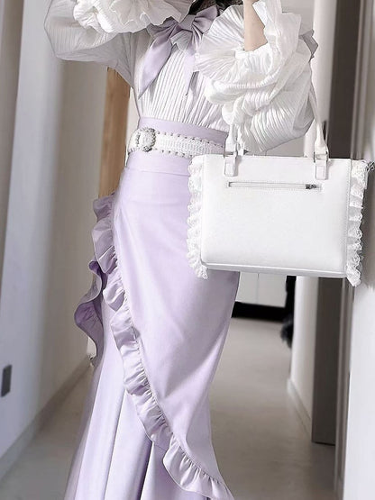 スカート フリル パープル装飾 マーメイド トリム ジライケイ ちょう結び