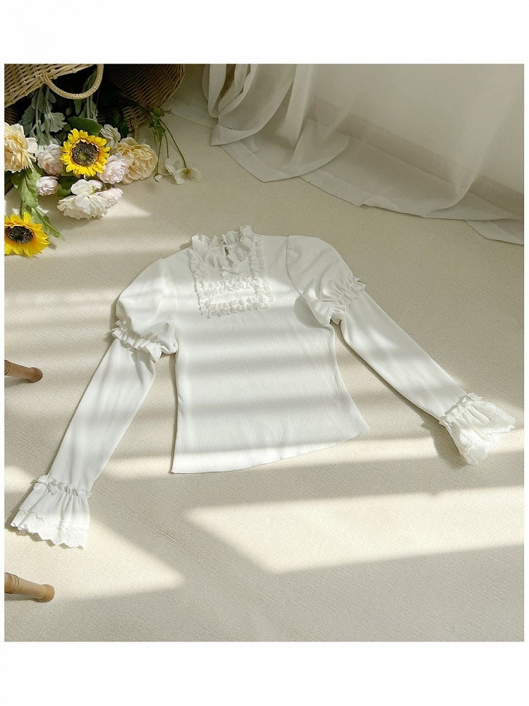 Beige Puff Sleeve Lolita Knit Top with Lace Trim Detail - With PUJI