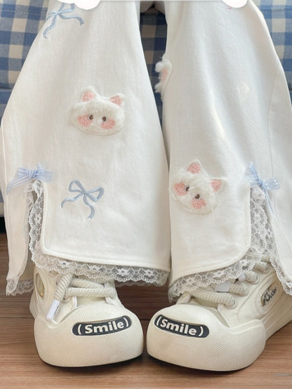 White Straight-Leg Pants Plush Kitty Appliques Bow Embroidery Regular/Short Version