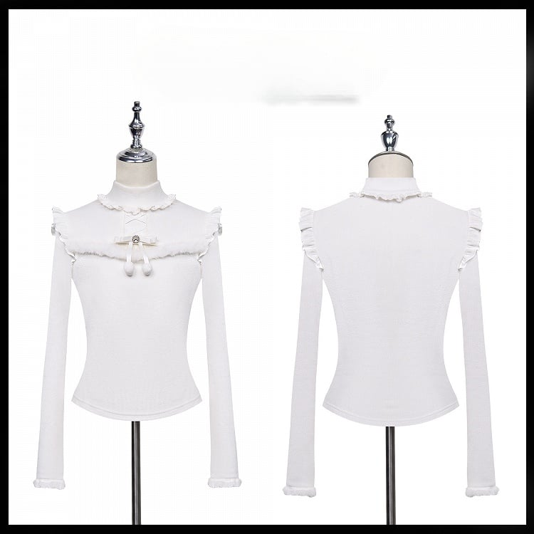 Jirai Kei – Weißes Oberteil mit Plüschbesatz, Cut-Out-Detail, Schleife und Strassverzierung