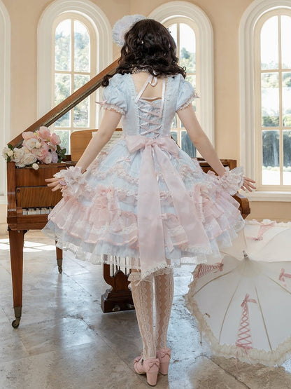 Short Sweet Lolita Princess and Details Bows Pink Blue Striped Dress Bead Sleeves