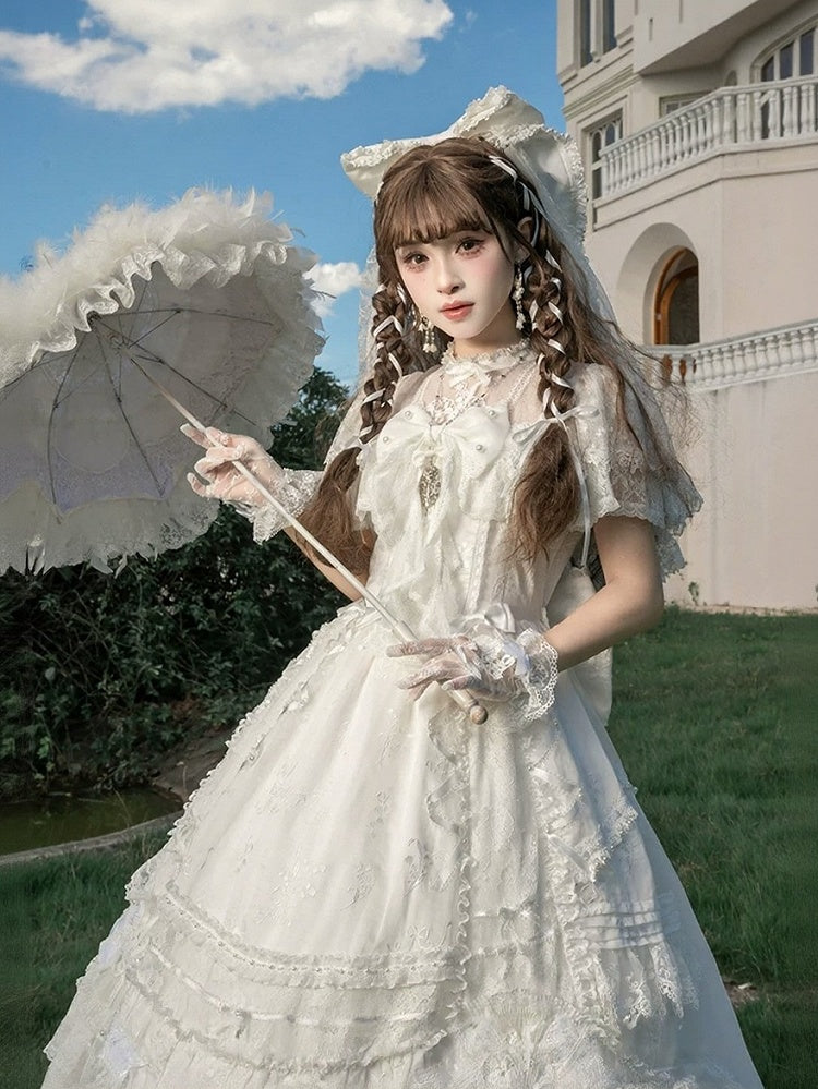 Ivory Floral Embroidered Lolita Gown with Lace Trim and Bow Train - Mademoiselle Pearl