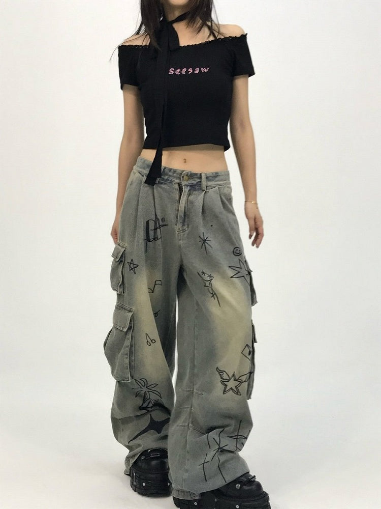 Y2K Graffiti Low for Denim Women Jeans Waist