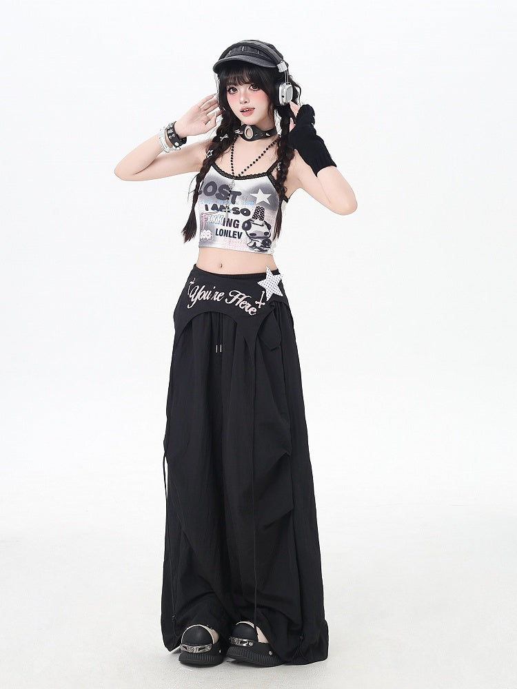 Black Punk Pants Accessory Waist Asymmetrical with Drawstring Waist Wasteland