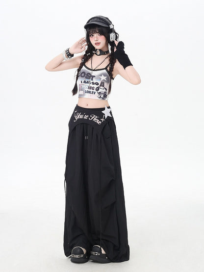 Black Punk Pants Accessory Waist Asymmetrical with Drawstring Waist Wasteland