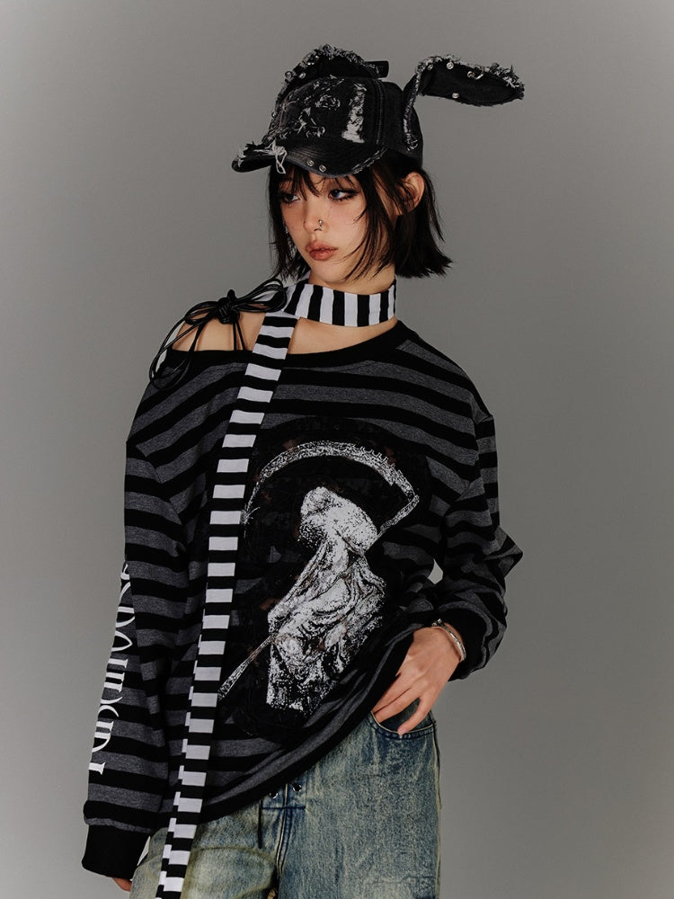 Schwarz-graues Streifen-Applikationsdesign, asymmetrischer Ausschnitt, Kordelzug, Punk-Top