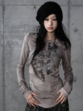 Knit Vintage Wing Print with Design Cross Deconstructed Gray Top Punk