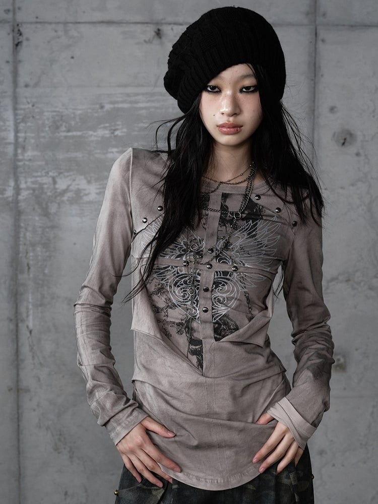 Knit Vintage Wing Print with Design Cross Deconstructed Gray Top Punk