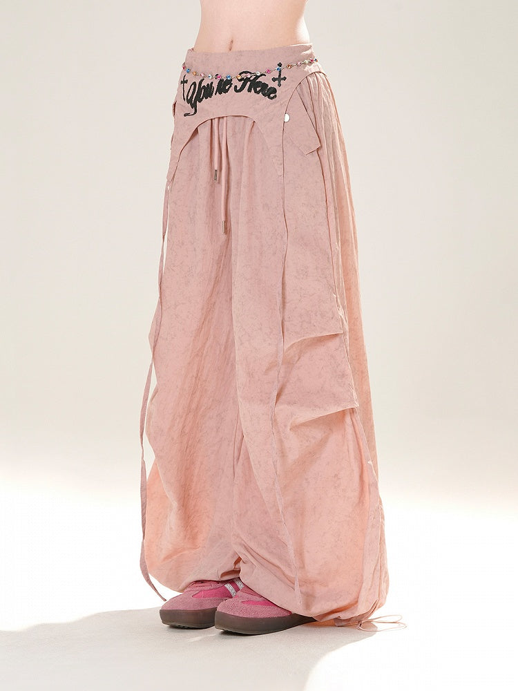 アクセサリー ピンク/グレー ドローストリング ワイドレッグパンツ ウエスト付き