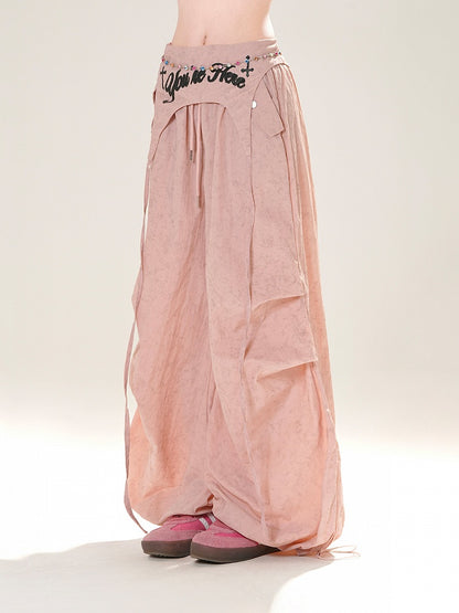 アクセサリー ピンク/グレー ドローストリング ワイドレッグパンツ ウエスト付き