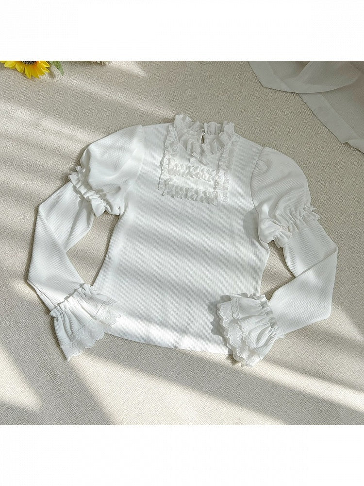 Long Sleeve Lolita Knit Top in White with Stand Collar & Ruffle Detail - With PUJI