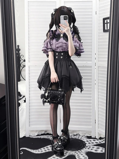 Onyx Jirai Kei High-Rise Skirt with Asymmetrical Hem and Lace Trim - Dream Core Waves